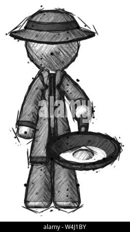 Sketch detective man frying egg in pan or wok. Stock Photo