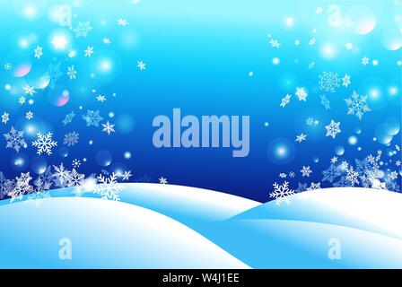 Winter beautiful background of snow and falling snowflakes. Template for web or greeting card for the New Year. Stock Vector