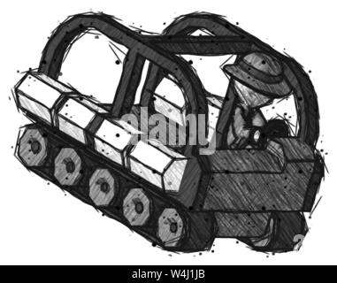 Sketch detective man driving amphibious tracked vehicle top angle view. Stock Photo