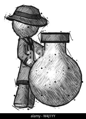 Sketch detective man standing beside large round flask or beaker. Stock Photo