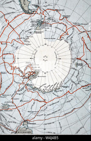 1900 Meyer Map of Antarctica Showing Early Exploration Routes Stock Photo