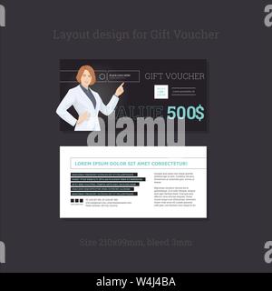 Gift Certificates. Business document templates. Business woman smiling. Pointing hand. Vector. Stock Vector