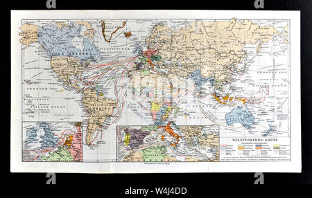 1900 Meyer World Map showing International Steamer Routes Stock Photo