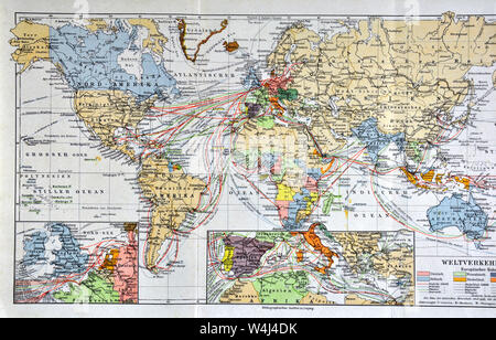 1900 Meyer World Map showing International Steamer Routes Stock Photo