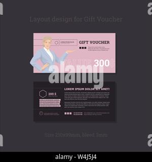 Gift Certificates. Business document templates. Business woman smiling. Pointing hand. Vector. Stock Vector