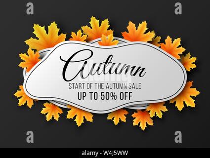 Banner for autumn sale. liquid shapes with maple leaves. Fluid design. Orange foliage. Seasonal collection. Festive brochure. Vector illustration. EPS Stock Vector