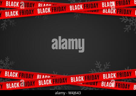 Red ribbons for black friday sale on black background. Crossed ribbons. Snowflakes background. Big sale. Graphic elements. Vector illustration. EPS 10 Stock Vector