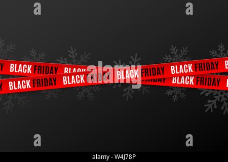 Red ribbons for black friday sale on black background. Crossed ribbons. Snowflakes background. Graphic elements. Vector illustration. EPS 10 Stock Vector