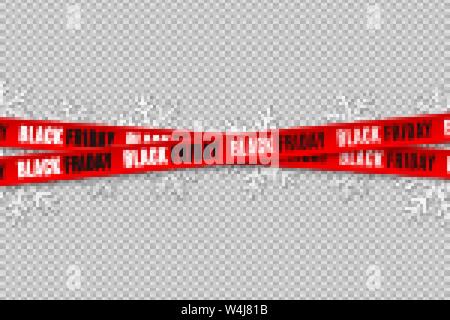 Red ribbons for black friday sale isolated on transparent background. Crossed ribbons. Snowflakes. Graphic elements. Vector illustration. EPS 10 Stock Vector