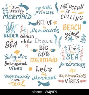 Vector set of lettering with cute mermaids phrases. Vector illustration for your design Stock Vector