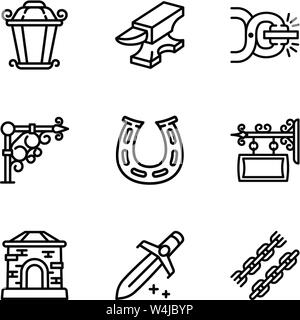 Blacksmith icon set. Outline set of 9 blacksmith vector icons for web design isolated on white background Stock Vector