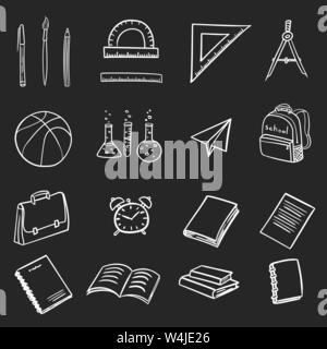 set of icons with school elements on return to school the first of september in doodle hand drawing style isolated on black background. Vector illustr Stock Vector