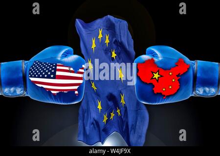 Digital Composing, trade war between USA, China and EU, boxing gloves with flags, Germany Stock Photo