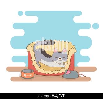 cute little cat mascot in bed with vector illustration design Stock Vector