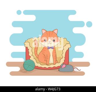 cute little cat mascot in bed with wool roll and mouse vector illustration design Stock Vector