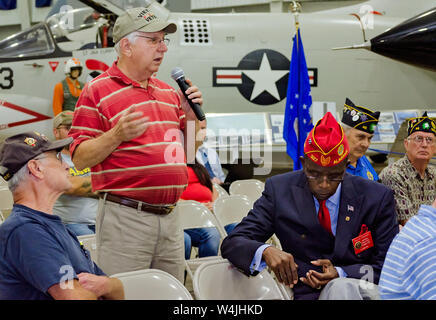 A Vietnam veteran shares stories of his VA experiences during the Mobile SWS Town Hall at USS Alabama Battleship Memorial Park in Mobile, Alabama. Stock Photo
