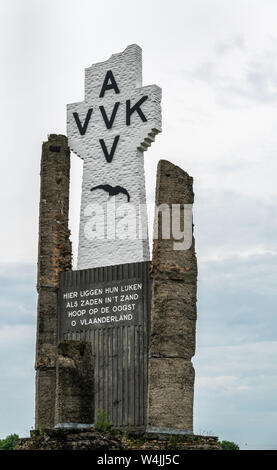 Diksmuide, Flanders, Belgium -  June 19, 2019: Closeup of Black on White Crypt memorial, remnants of dynamited tower, at site of IJzertoren, tallest p Stock Photo