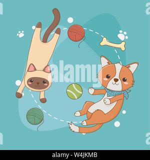 cute little dog and cat mascots with set toys vector illustration design Stock Vector