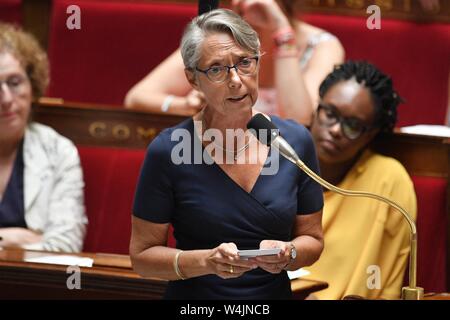 (190723) -- PARIS, July 23, 2019 (Xinhua) -- French new Ecology Minister Elisabeth Borne (C) attends a session of 'Questions to the Government' at the French National Assembly in Paris, France, on July 23, 2019. French President Emmanuel Macron picked Elisabeth Borne as new ecology minister to replace Francois de Rugy, who was forced to step down after a spending scandal. (Photo by Jack Chan/Xinhua) Stock Photo