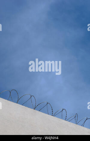 Silhouette of concertina wire perimeter on a wall Stock Photo