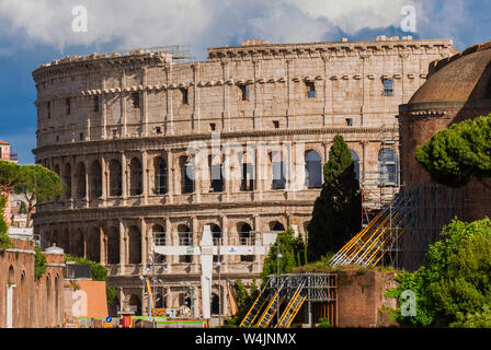 Coliseum and Imperial Fora ancient ruins with Metro C new subway line construction site, right in the center of the city Stock Photo