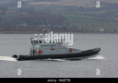 HMC Active, a coastal patrol vessel operated by the UK Border Force, passing East India Harbour on the Firth of Clyde. Stock Photo