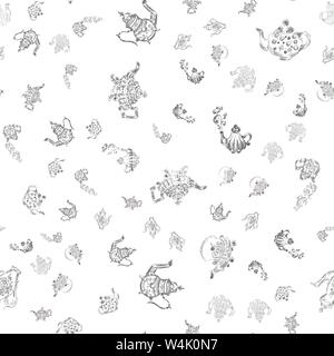 Seamless retro hand drawn set of teapots, great design for any purposes. Seamless pattern set. Teapot hand drawn a pattern in Chinese style on white b Stock Vector