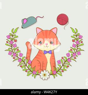 cute little cat mascot with wool roll and mouse toy vector illustration design Stock Vector