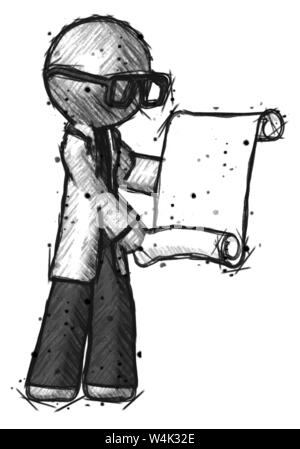 Sketch doctor scientist man holding blueprints or scroll. Stock Photo