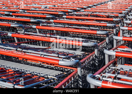 Melbourne, Australia - June 8, 2019: Endless rows of Costco shopping trolleys waiting for the customers Stock Photo