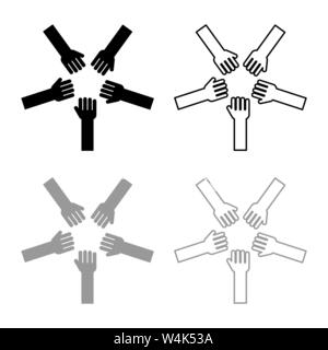 Five hands Group arms Many hands connecting Open palms People putting their hands together Stack hands concept unity icon outline set black grey Stock Vector