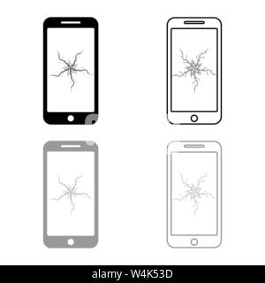 Smartphone with crash touch screen icon outline set black grey color vector illustration flat style simple image Stock Vector