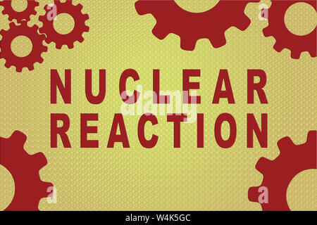 NUCLEAR REACTION sign concept illustration with red gear wheel figures on yellow background Stock Photo