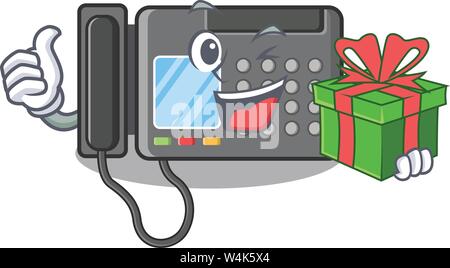 With gift fax machine above the cartoon table vector illustration Stock Vector