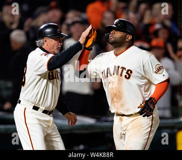 San Francisco Giants third baseman Pablo Sandoval (48) waits for the  umpires to review the play at the plate in the ninth inning of Game 2 of  baseball's NL Division Series against