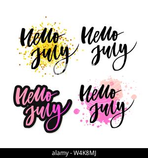 Hello july lettering print. Summer minimalistic illustration. Isolated calligraphy on white background. Stock Vector