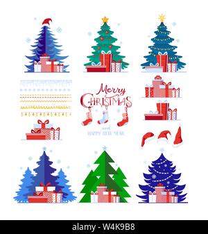 Christmas set of decorative winter objects, Christmas trees, gift boxes, garlands, socks isolated on a white background. Christmas collection in flat cartoon style for greeting card, banner. Stock vector illustration. Stock Vector