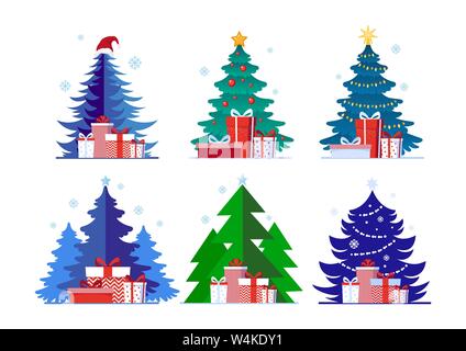 Collection of different Christmas trees with gift boxes. Winter decorative set in flat cartoon style isolated on white background for postcard, banner, greetings. Stock vector illustration. Stock Vector