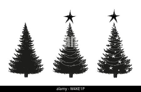 Christmas three silhouette. A set of sketches of a New Year s tree from the forest and decorated with stars and garlands. Doodle hand drawing. Stock vector. Stock Vector