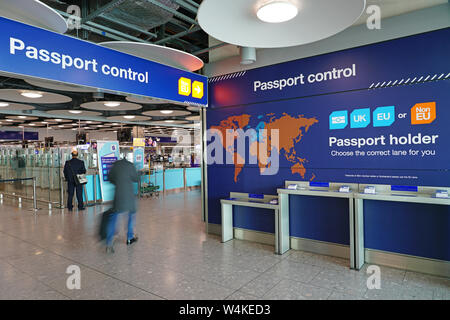 LONDON, UK -3 APR 2019- View of the UK and European separate passport control and immigration lanes at London Heathrow International Airport (LHR). Th Stock Photo