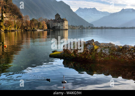 view of famous Chateau de Chillon at Lake Geneva one of Switzerland's. Canton of Montreux Switzerland Stock Photo