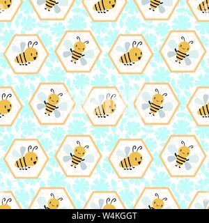 Cute cartoon honey bees in honeycomb cells. Seamless geometric vector pattern on blue and white floral background. Great for children, garden Stock Vector