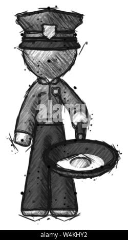 Sketch police man frying egg in pan or wok. Stock Photo