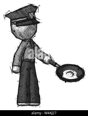 Sketch police man frying egg in pan or wok facing right. Stock Photo