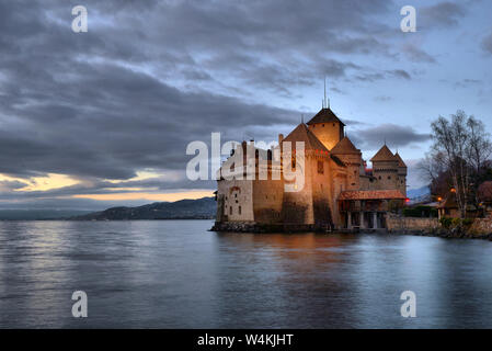 Evening view of famous Chateau de Chillon at Lake Geneva one of Switzerland's. Canton of Montreux Switzerland Stock Photo