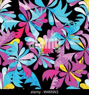 brightly colored abstract flowers on a black background seamless pattern vector illustration Stock Vector