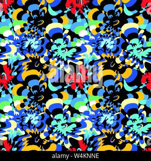 brightly colored abstract flowers on a black background seamless pattern Stock Vector