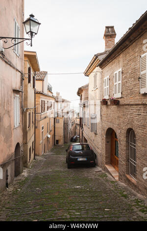 Fermo, Italy - February 11, 2016: Vertical perspective street view of Fermo, Italian old town Stock Photo
