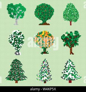 pixel art trees collection isolated objects Stock Vector