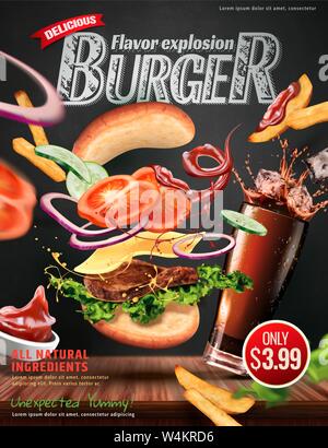 Delicious hamburger ads with ingredients flying in the air on chalkboard background in 3d illustration Stock Vector